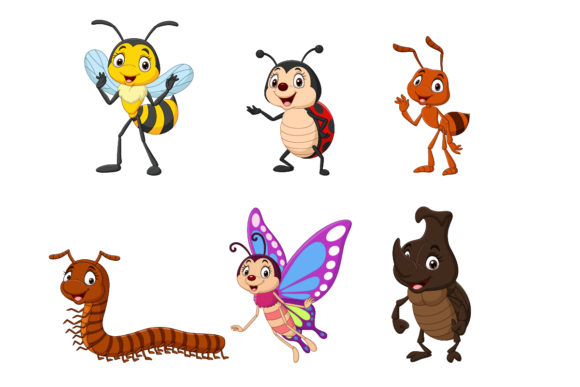 Set of Six Cartoon Insect Character Graphics for Illustrations